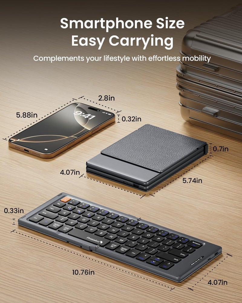 ProtoArc Foldable Compact Keyboard, XK04 Portable Bluetooth Keyboard with PU Leather Cover, Pocket-Sized Wireless Travel Keyboards for iPad, iPhone, Smartphone, Tablet and Laptop- Gray - Image 2